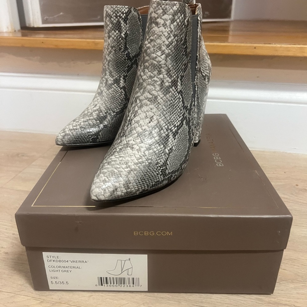 BCBG ‘Vaerra’ Gray Snakeskin Ankle Booties